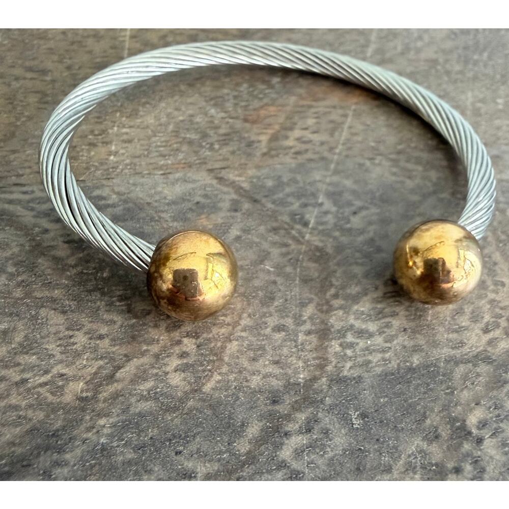 Two tone metallic silver and gold twist cable open cuff bracelet